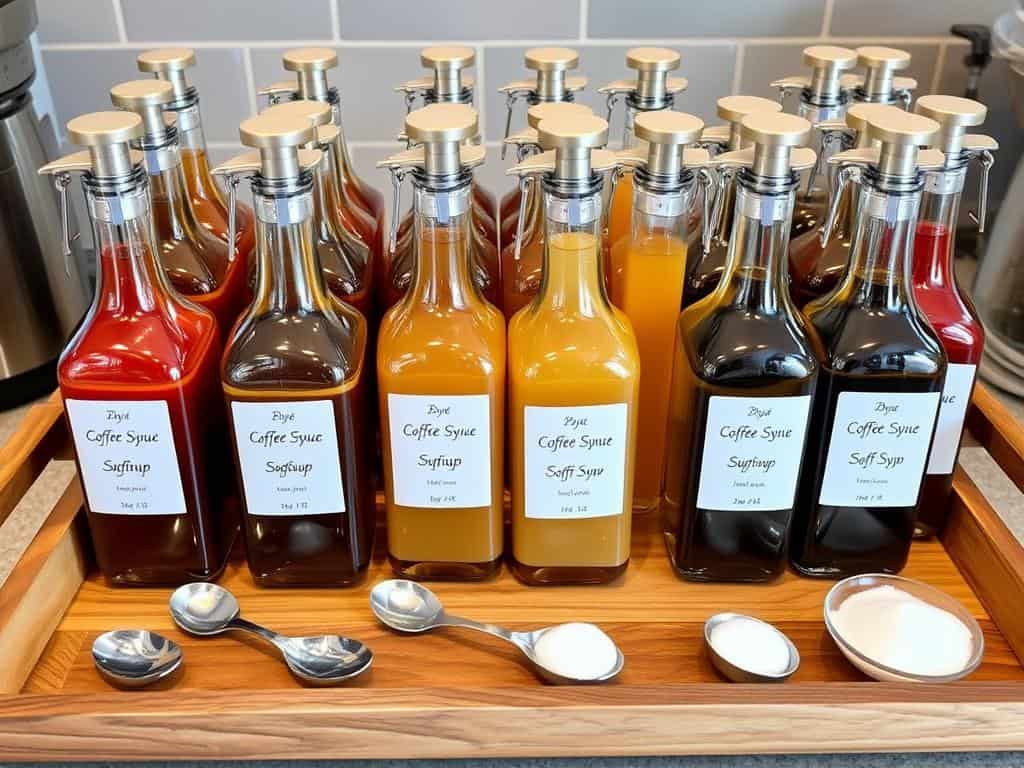 Organized coffee syrup station with glass bottles, pumps and flavor labels