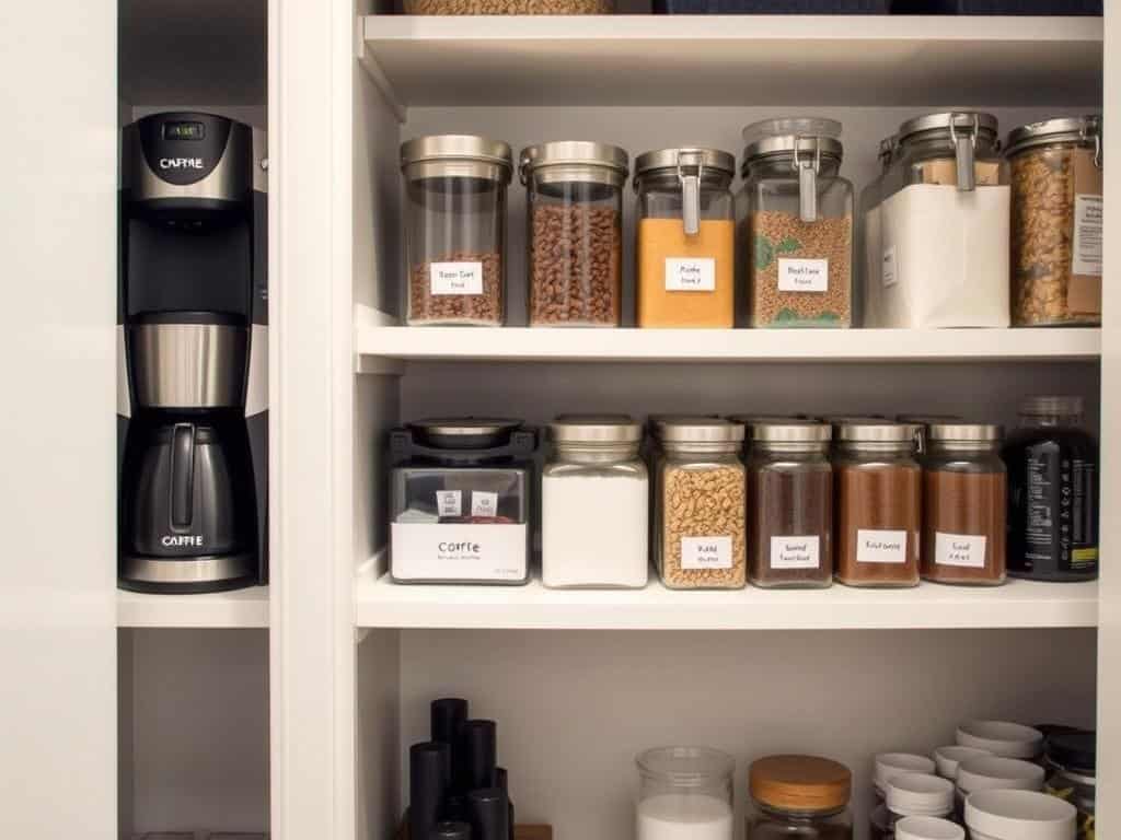 Organized pantry shelf dedicated to coffee supplies with coffee maker and storage containers