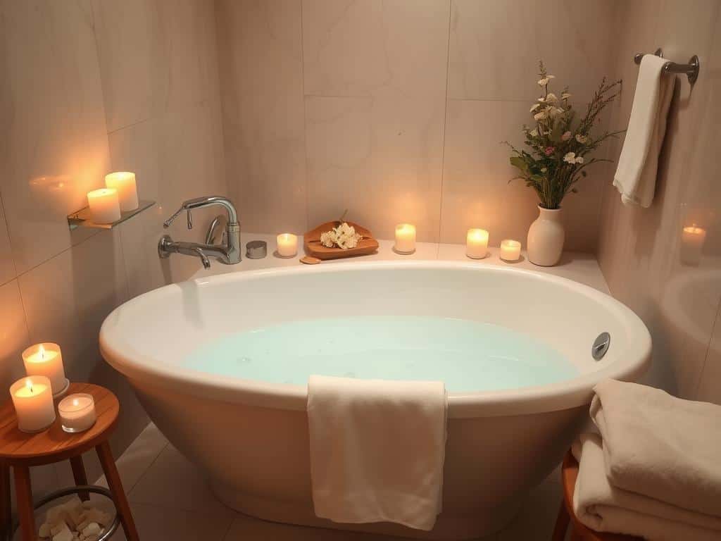 Peaceful bath setup with candles as part of a 7 day self-care plan