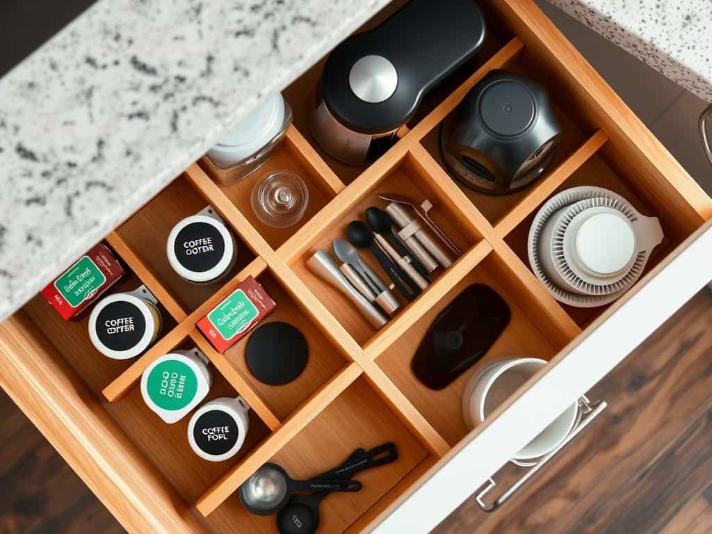 Perfectly organized drawer with dividers for coffee pods, accessories and tools