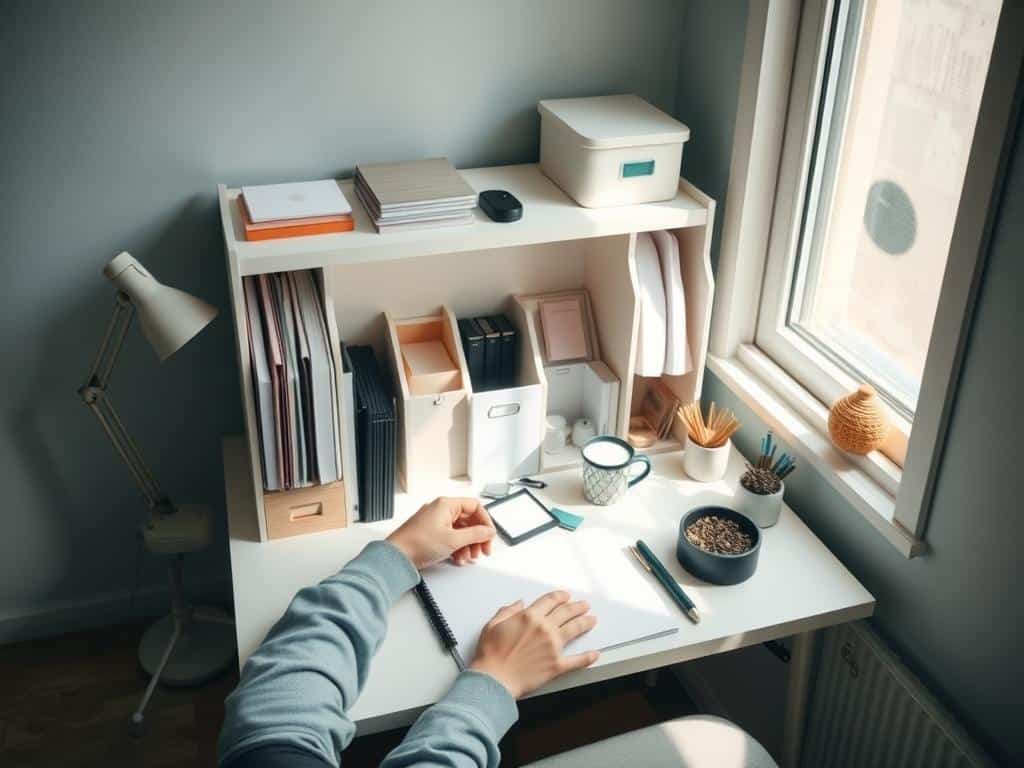Person clearing a small desk space as part of a 7 day self-care plan