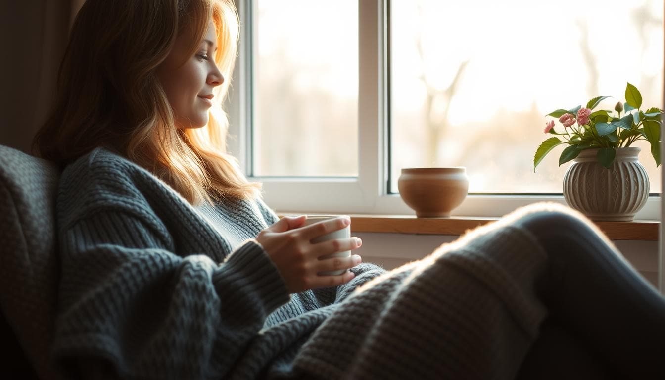 Person enjoying a peaceful moment with tea by a window during a 7 day self-care plan