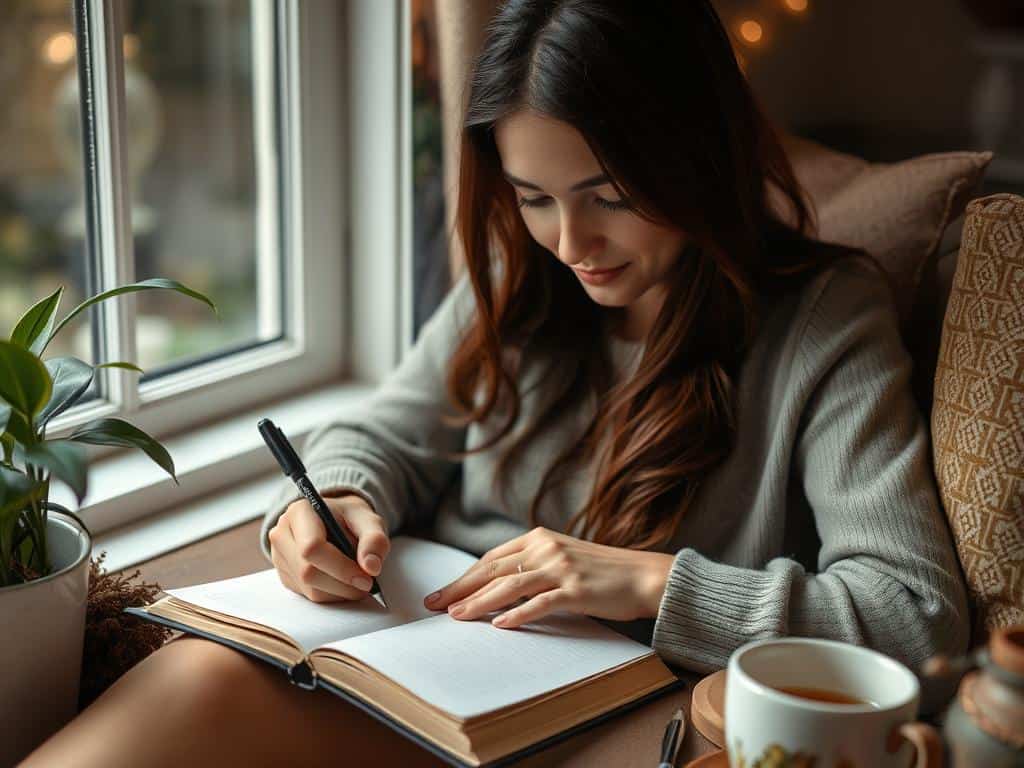 Person journaling in a cozy corner during a 7 day self-care plan