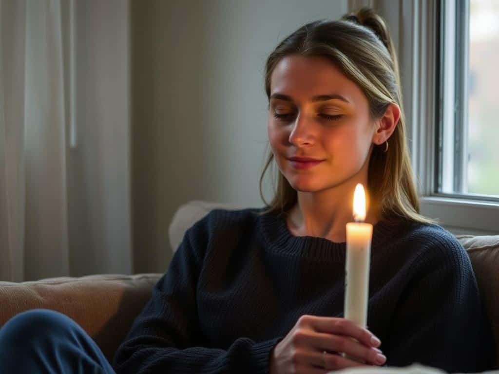 Person sitting quietly with a lit candle reflecting on their 7 day self-care plan