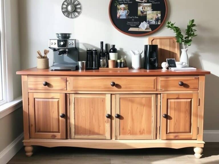 Repurposed vintage sideboard transformed into an elegant coffee station with espresso machine and organized supplies