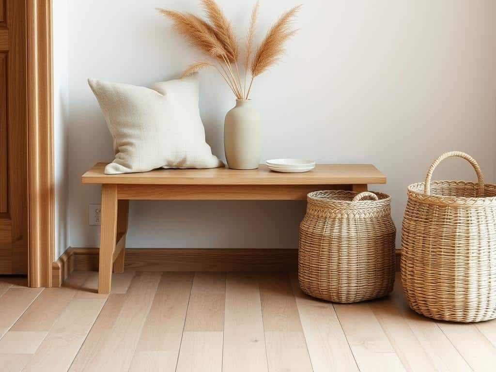 Scandinavian hallway showcasing natural materials including wood, linen, and ceramic