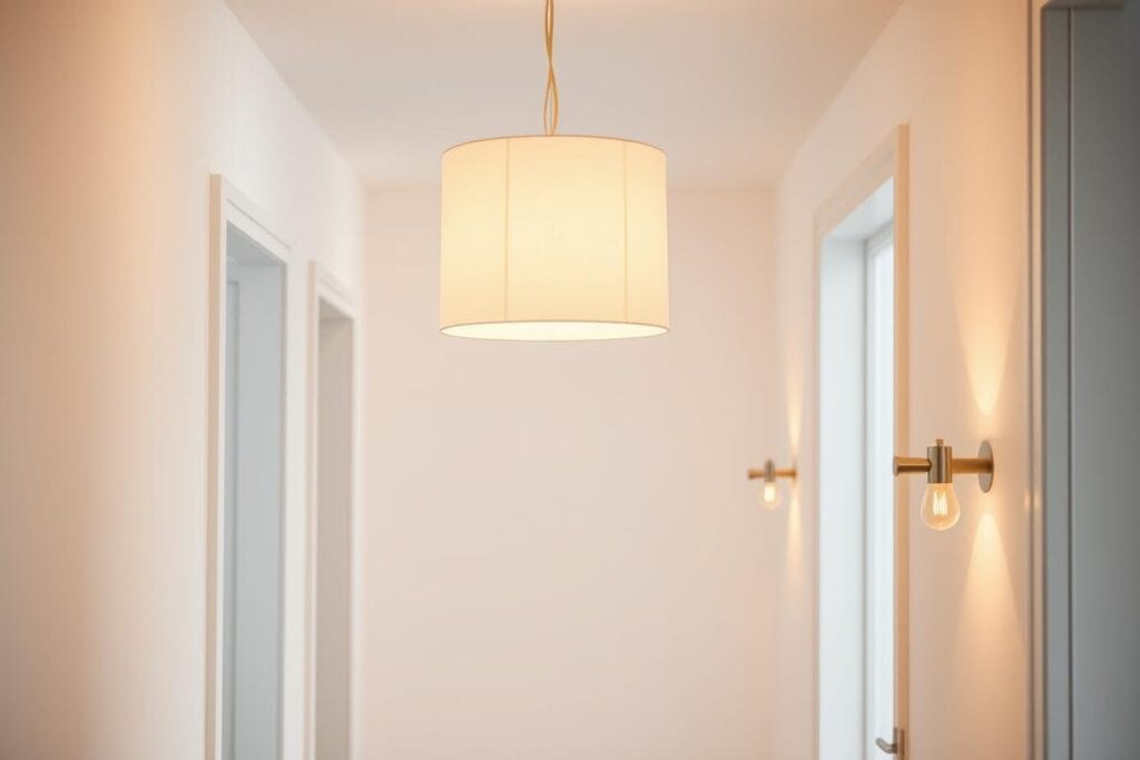 Scandinavian hallway with pendant light and wall sconces creating warm illumination