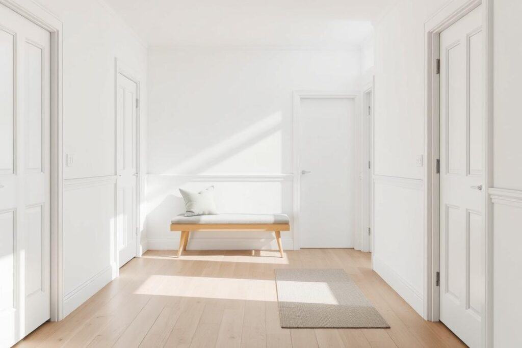Scandinavian hallway with white walls, light wood flooring, and neutral color palette