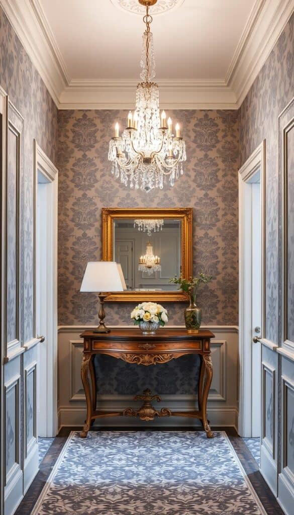 Sophisticated hallway with contemporary gray damask wallpaper and crystal lighting