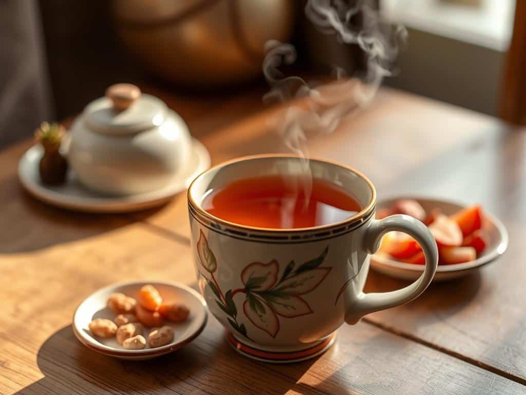 Steaming cup of herbal tea with a small healthy snack as part of a 7 day self-care plan