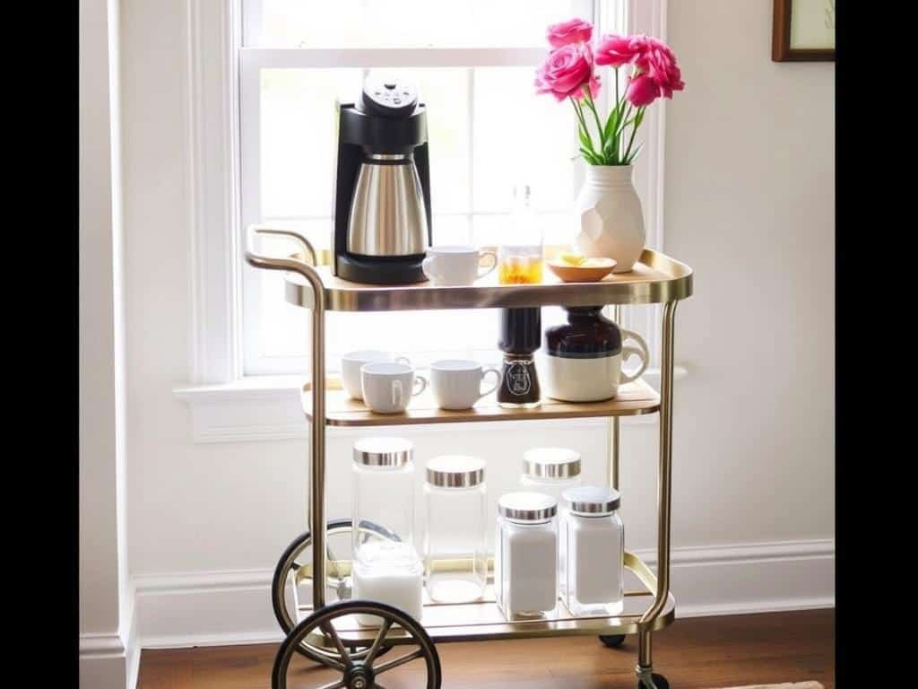 Stylish rolling bar cart repurposed as a mobile coffee station with coffee maker and accessories
