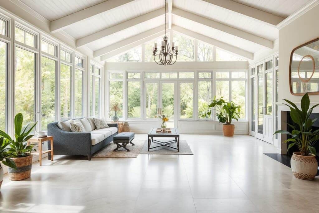 Sunroom with large-format floor tiles creating a clean, expansive surface