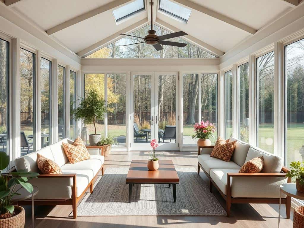 Sunroom with low-profile modern seating maintaining open sight lines