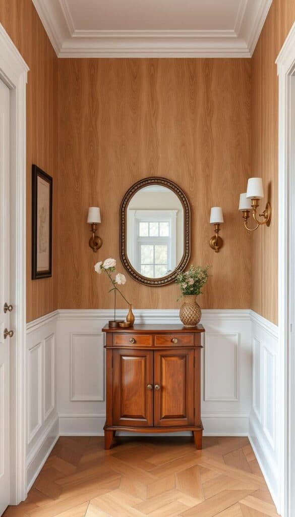 Traditional hallway with realistic wood panel wallpaper and classic decor