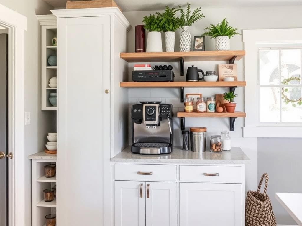 Transformed awkward kitchen corner into a stylish coffee station with custom shelving
