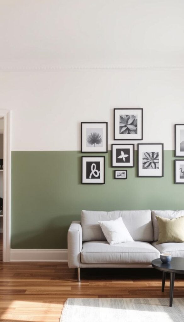 Two-tone sage and white painted wall with framed art