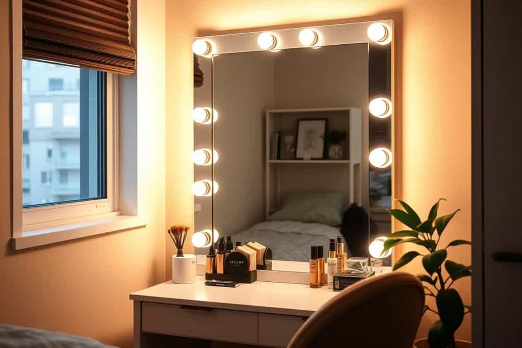 Vanity with LED lighting and natural light from window in studio apartment