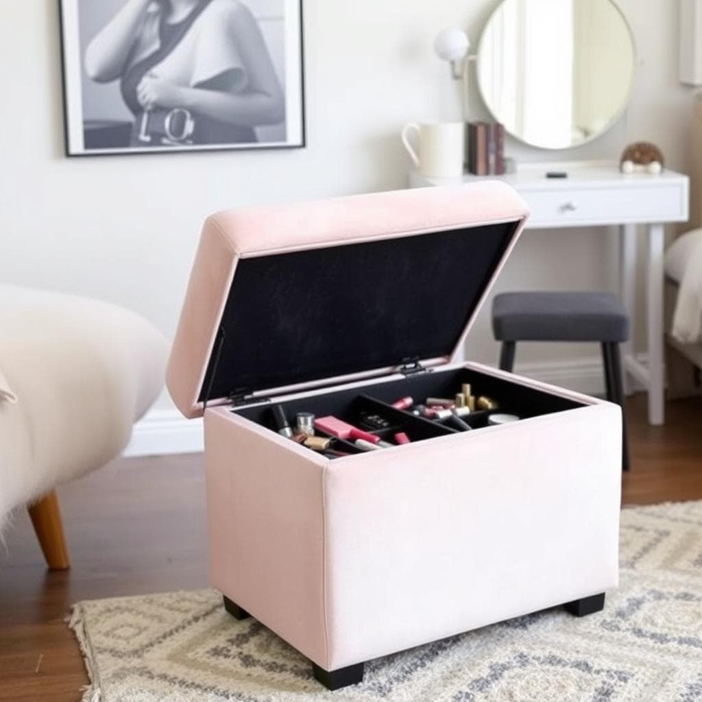 Velvet storage ottoman used as vanity seating with hidden makeup storage inside