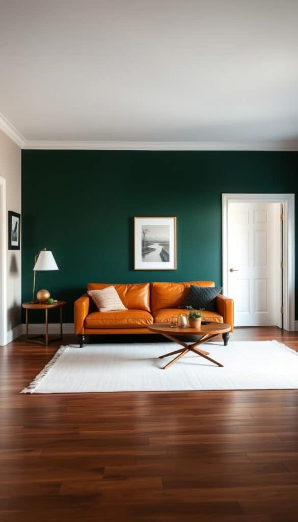 Vertical shot of forest green feature wall with tan leather sofa
