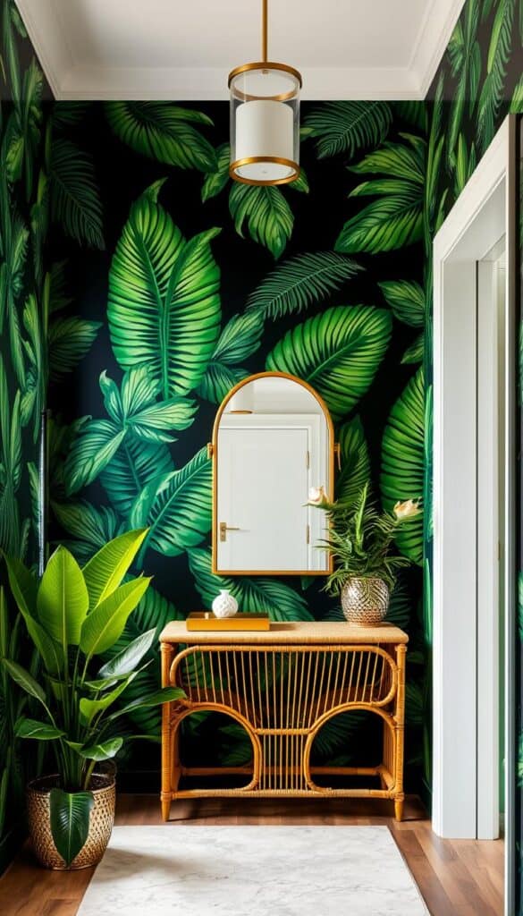 Vibrant hallway with large-scale tropical palm leaf wallpaper