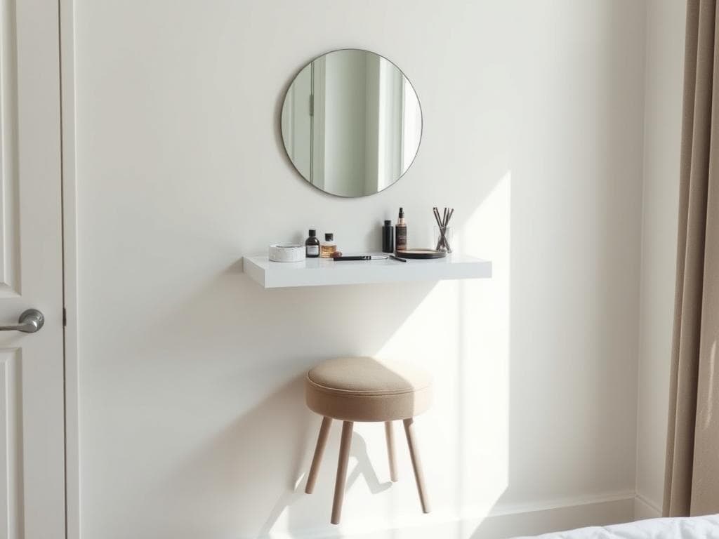 Wall-mounted floating vanity in a studio apartment with mirror and small stool