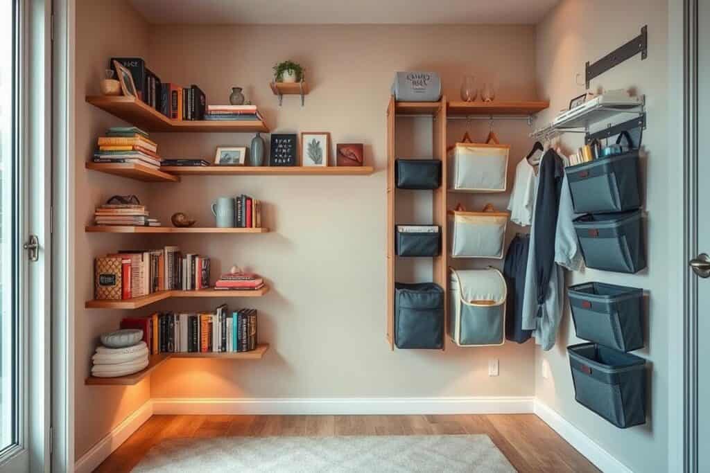 Wall-mounted shelves and vertical storage in a cozy small space