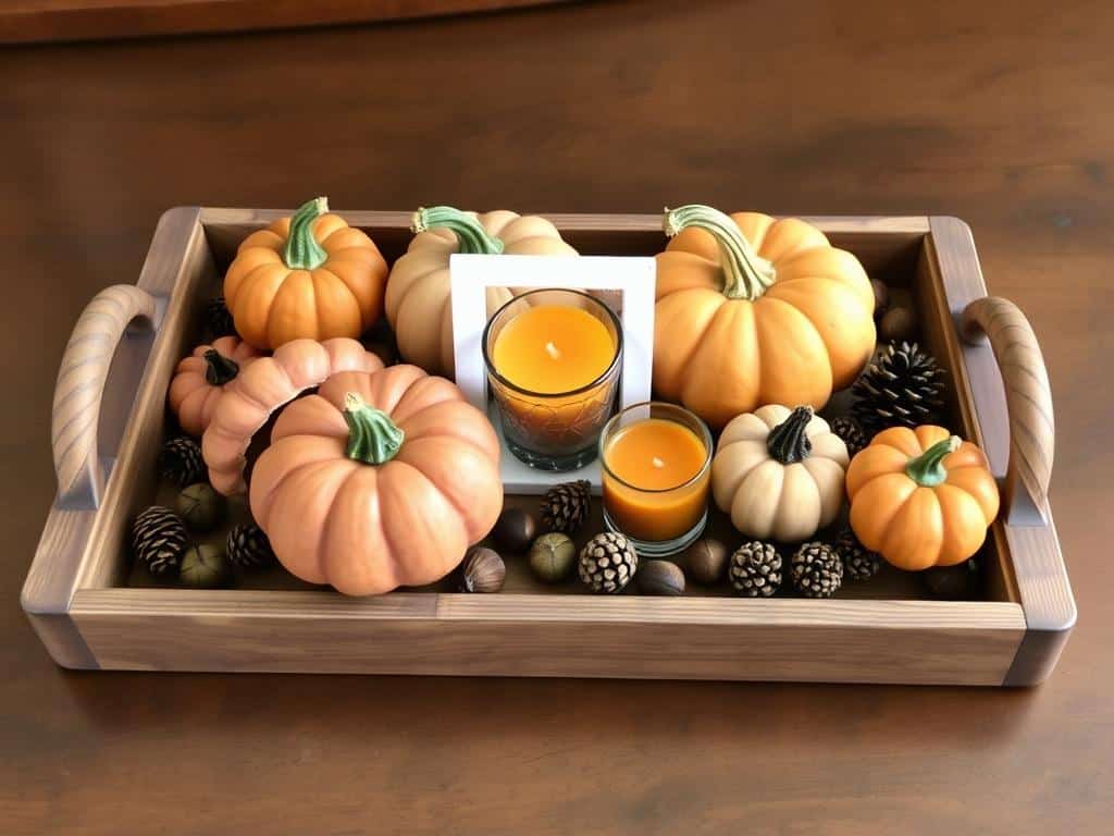 Wooden tray with curated fall items including mini pumpkins and candles