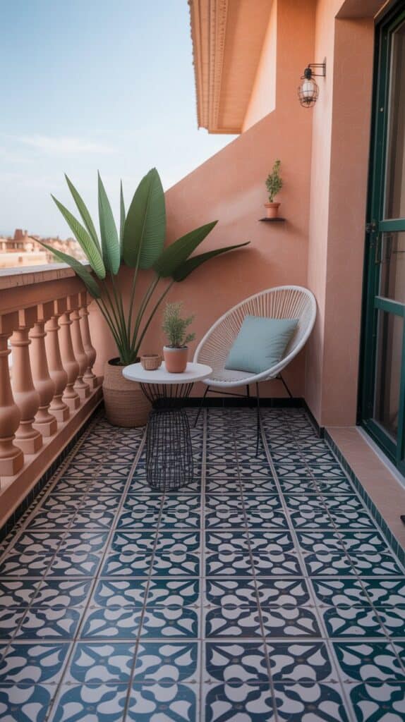 A balcony floor covered in peel-and-stick tiles with a Moroccan pattern, styled with minimal furniture.
