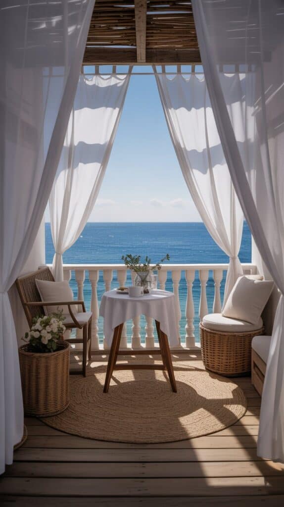 A balcony wrapped in flowing white curtains tied back gently, creating a soft and secluded retreat.
