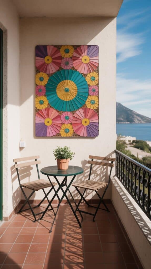 A brightly colored canvas print or metal art piece hung on the balcony wall above a small table.
