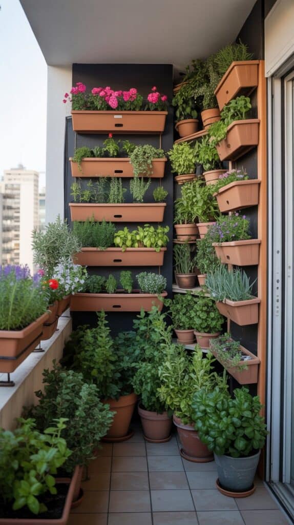 A corner of a balcony filled with potted herbs, flowering plants, and vertical planters.
