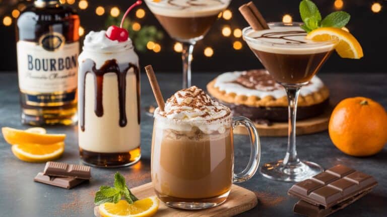 A cozy mug of spiced bourbon eggnog topped with whipped cream and a sprinkle of nutmeg, surrounded by festive decorations and A creamy bourbon cocktail garnished with whipped cream and nutmeg, surrounded by bourbon bottles and pie and A creamy bourbon caramel milkshake topped with whipped cream and a cherry, with a bottle of bourbon in the background and A delicious Bourbon Cream Float topped with whipped cream, a cherry, and mint leaves and A glass of Bourbon Vanilla Bean Milk Punch garnished with a cinnamon stick, surrounded by bourbon and spices. A glass of Bourbon Vanilla Bean Milk Punch garnished with a cinnamon stick, surrounded by bourbon and spices. A refreshing Maple Bourbon Cream Soda cocktail garnished with mint and lemon slices, with a bottle of bourbon in the background. A Chocolate Bourbon Cream Martini garnished with chocolate shavings and an orange twist, surrounded by chocolate and an orange half.