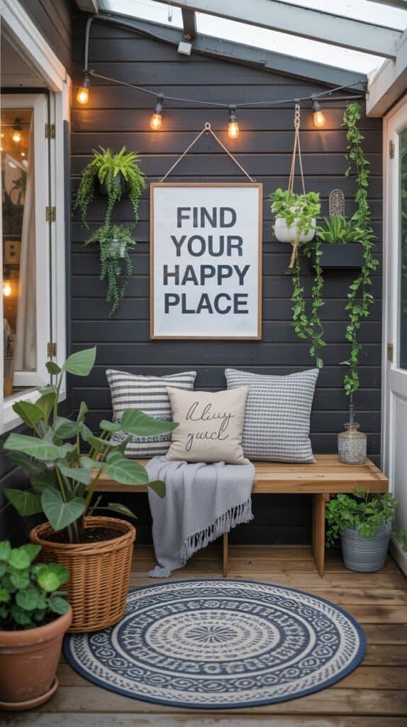 A cozy patio reading nook with plants, a bench, and a sign that says 'Find Your Happy Place'.