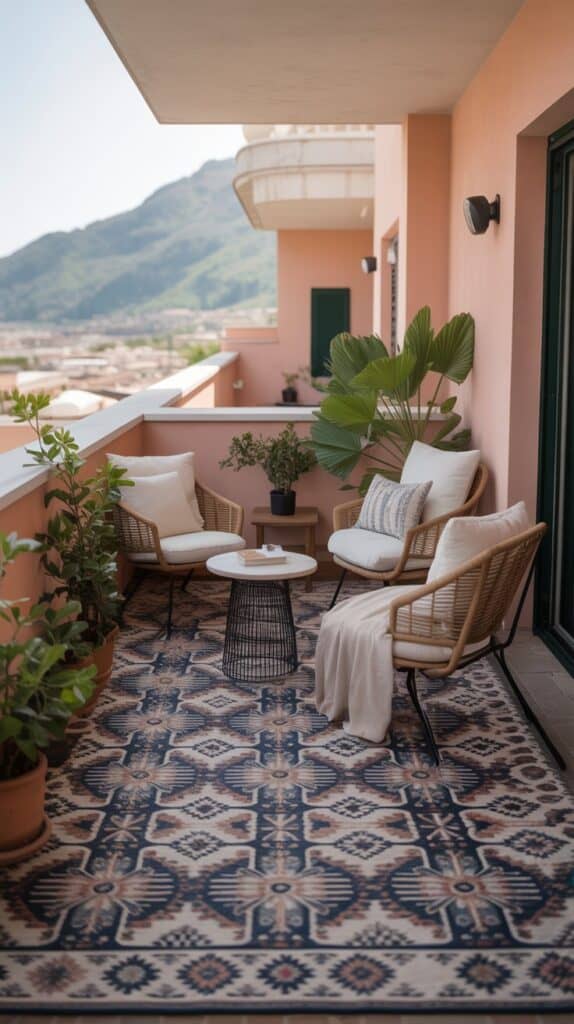 A patterned rug covering the entire balcony floor, with small furniture placed on top for a finished look.
