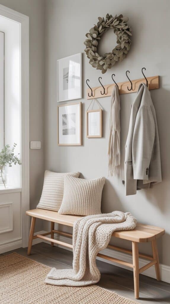 A Scandinavian style entryway featuring a bench, hooks for coats, a wreath, and framed artwork.