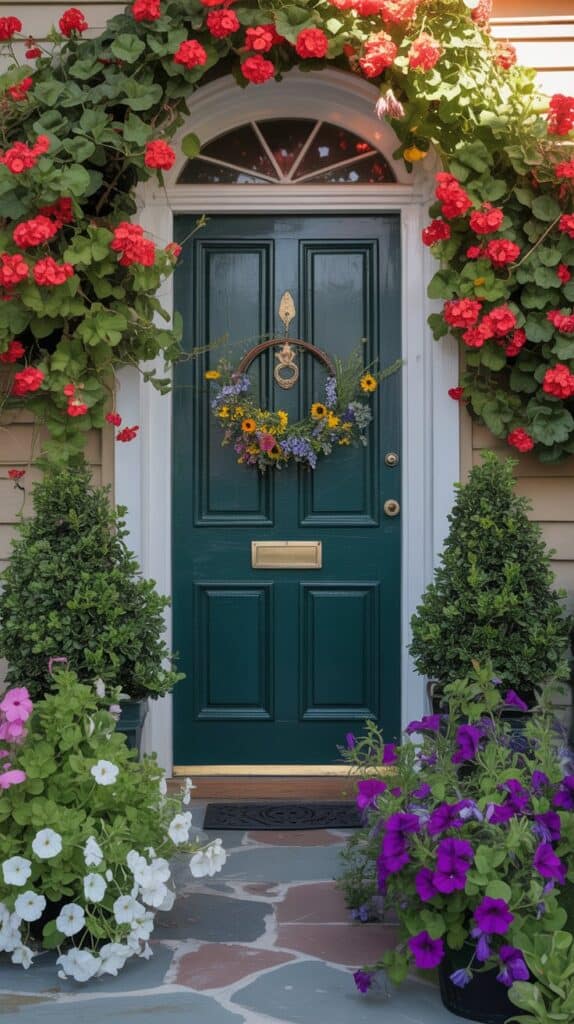 A front door entryway with colorful flower beds and neatly trimmed shrubs framing the entrance.