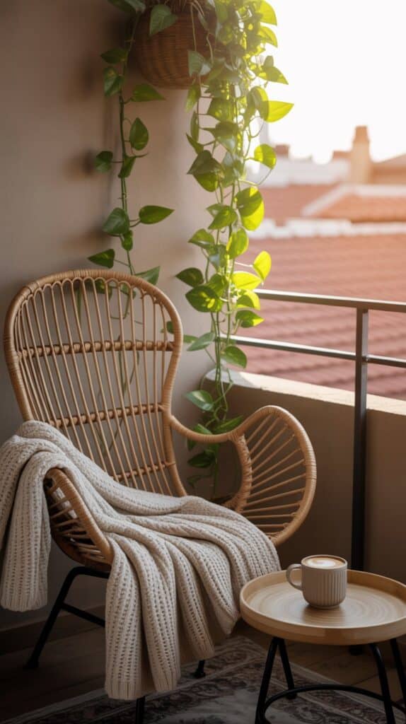 A chair angled in a cozy corner with a small tray table and latte, under a hanging plant.
