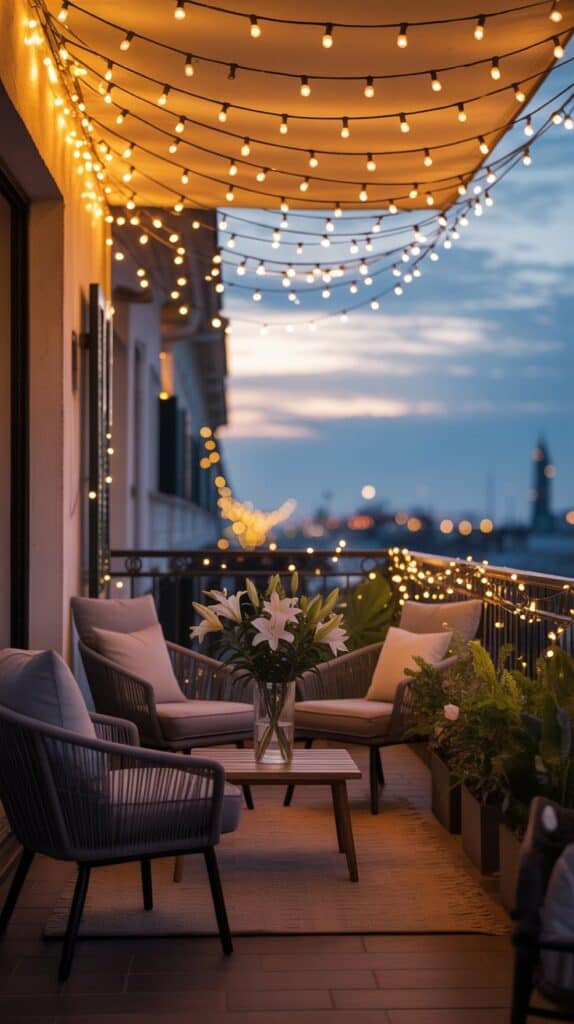 String lights zigzagged across the balcony ceiling, glowing softly above a seating setup.
