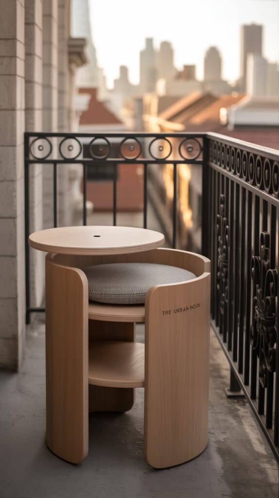 A stool that opens up for storage, used as both seating and a side table on a narrow balcony.
