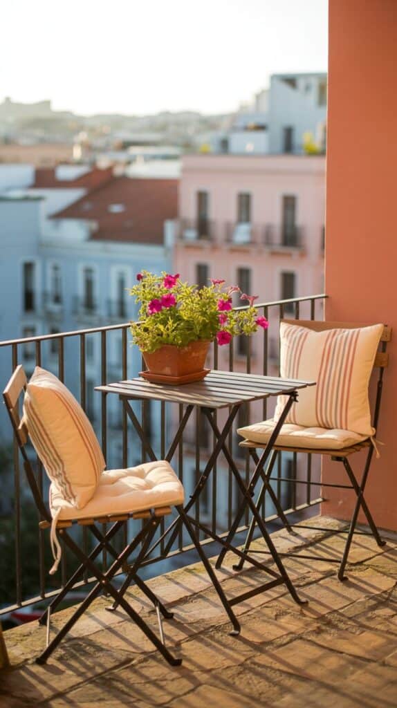 A petite balcony with a foldable bistro table and two chairs, accented with cushions and a small potted plant.
