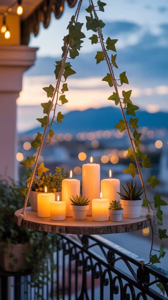 A round hanging shelf with candles and trailing plants, suspended from the balcony ceiling.
