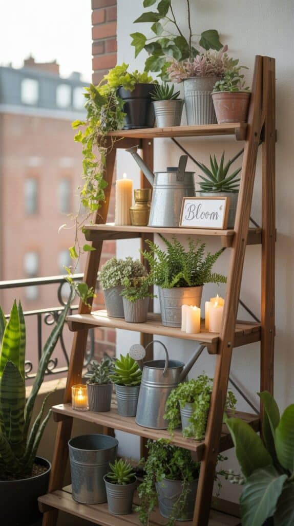 A ladder shelf on a balcony filled with small potted plants, candles, and watering cans against one wall.
