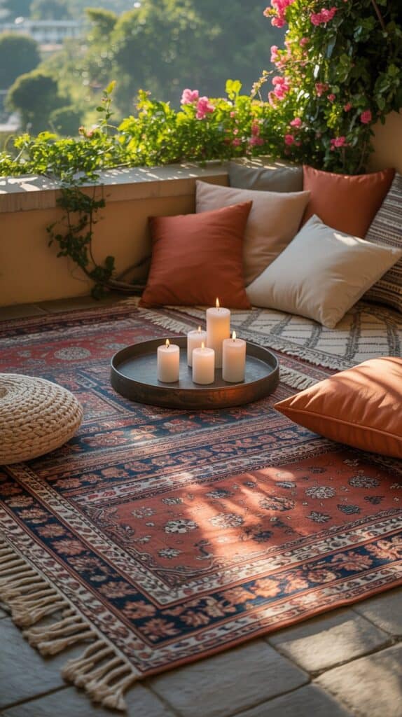 A no-furniture setup with patterned rugs, oversized pillows, and candles on a tray.
