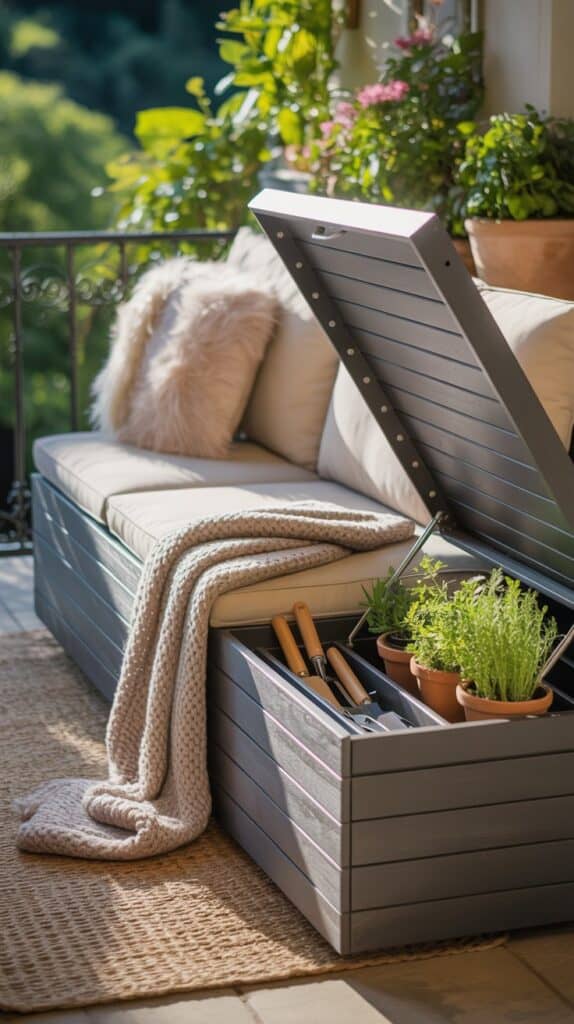 A slim bench with lift-up seating that hides outdoor essentials, topped with cushions and throws.
