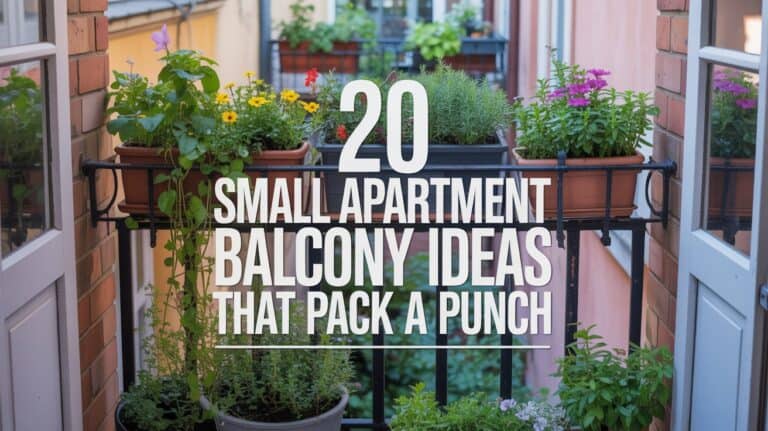 A bright, well-lit balcony garden with multiple terracotta planters and black metal railings. The text "20 SMALL APARTMENT BALCONY IDEAS THAT PACK A PUNCH" appears in white, bold, sans-serif font overlaid on the image. The balcony contains several potted plants: a yellow daisy-like flower plant, a purple flowering plant, a green leafy plant, and various herbs in different sized planters. The balcony is set against a brick wall with a pinkish-beige tone. The lighting is natural daylight, creating soft shadows among the plants. The composition shows the balcony from a slight angle, with the text centered in the frame. The plants are arranged in a casual, naturalistic style, with some trailing over the edge of the planter boxes. The overall image has a warm, inviting atmosphere with a focus on urban gardening solutions for small spaces.