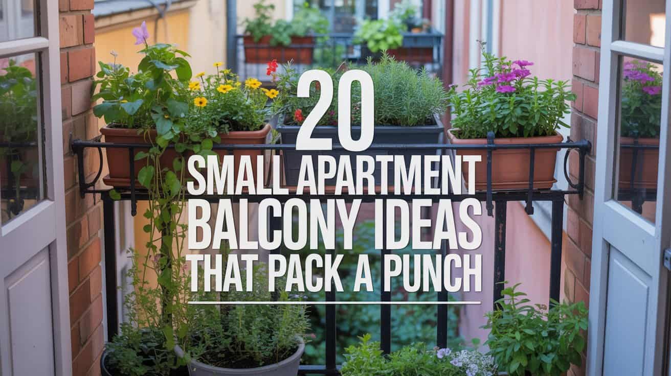 A bright, well-lit balcony garden with multiple terracotta planters and black metal railings. The text "20 SMALL APARTMENT BALCONY IDEAS THAT PACK A PUNCH" appears in white, bold, sans-serif font overlaid on the image. The balcony contains several potted plants: a yellow daisy-like flower plant, a purple flowering plant, a green leafy plant, and various herbs in different sized planters. The balcony is set against a brick wall with a pinkish-beige tone. The lighting is natural daylight, creating soft shadows among the plants. The composition shows the balcony from a slight angle, with the text centered in the frame. The plants are arranged in a casual, naturalistic style, with some trailing over the edge of the planter boxes. The overall image has a warm, inviting atmosphere with a focus on urban gardening solutions for small spaces.