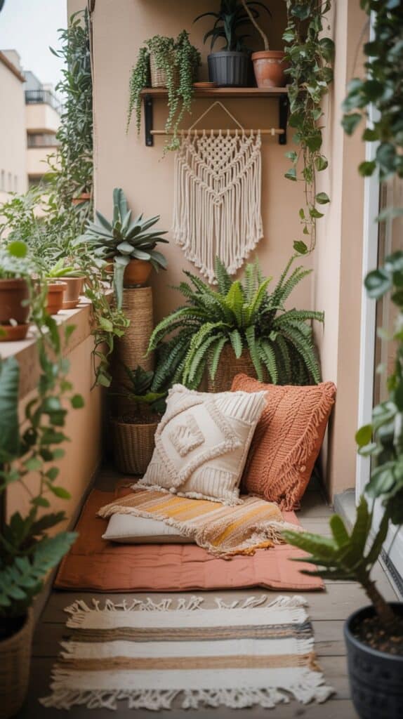 Textured cushions, macramé wall hangings, and layered rugs on a tiny balcony surrounded by plants.
