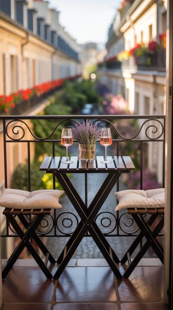 A compact fold-down wooden table on a balcony attached to the railing, paired with two stools and drinks.
