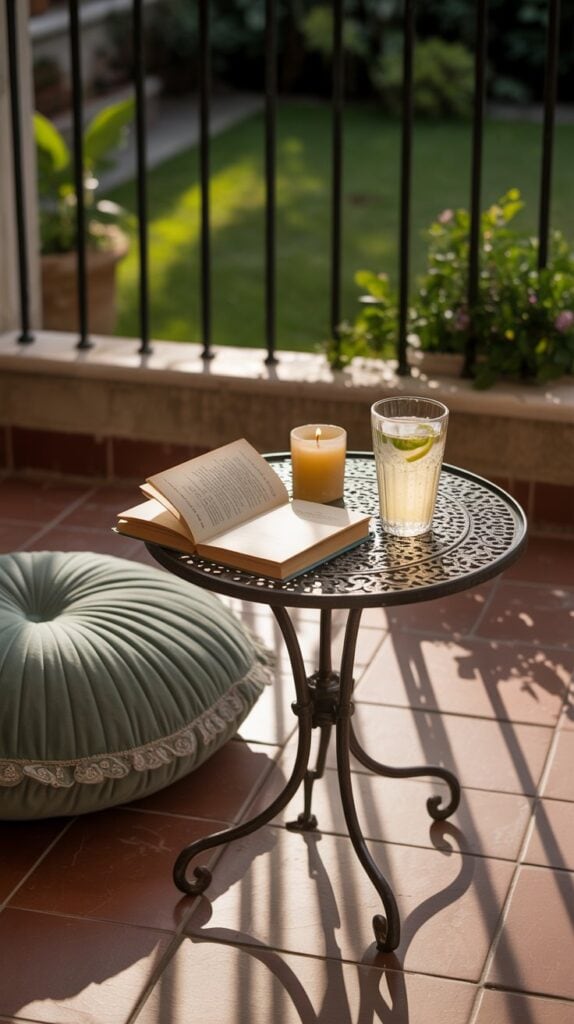 A tiny metal side table on a balcony with a candle, a drink, and a book, next to a floor pillow.
