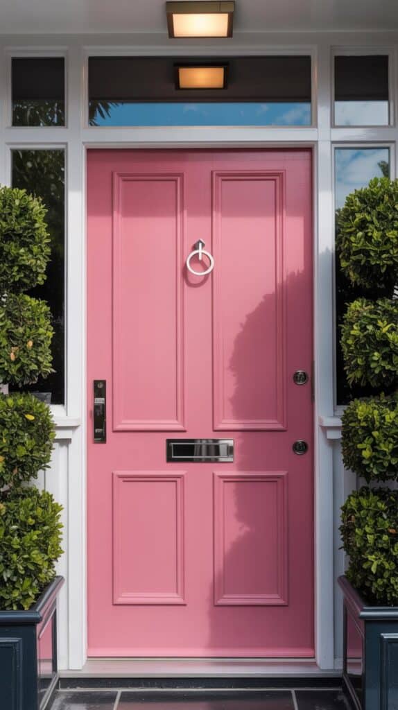 A sleek modern front door painted in vibrant pink with simple paneling and shiny hardware.